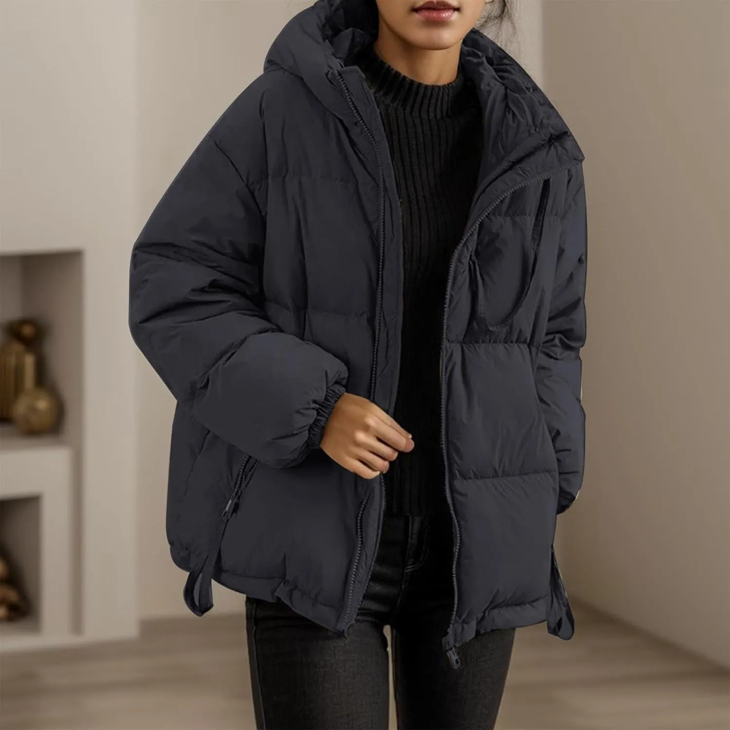 Womens Lightweight Puffer Jacket Loose Fit Long Sleeve Drawstring Pocket Padded Coat 2024 Winter Fashion Warm Outwear