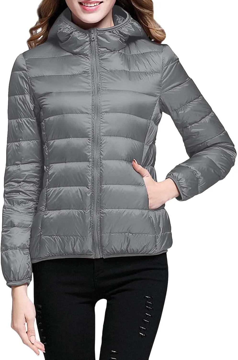 Women's Lightweight Puffer Jacket with Hood Pockets Quilted Padded Full-zip Winter Coat