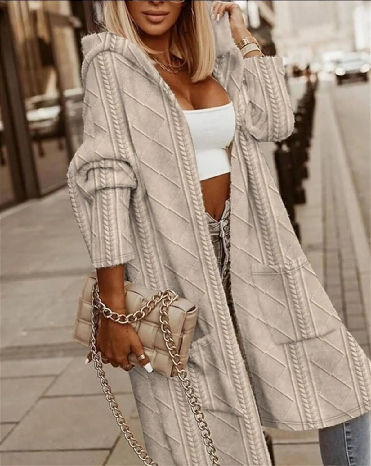 Women's Long Cardigan Sweaters 2023 Fall Winter Oversized Cable Knit Hooded Sweater Coats Casual Loose Trench Coats