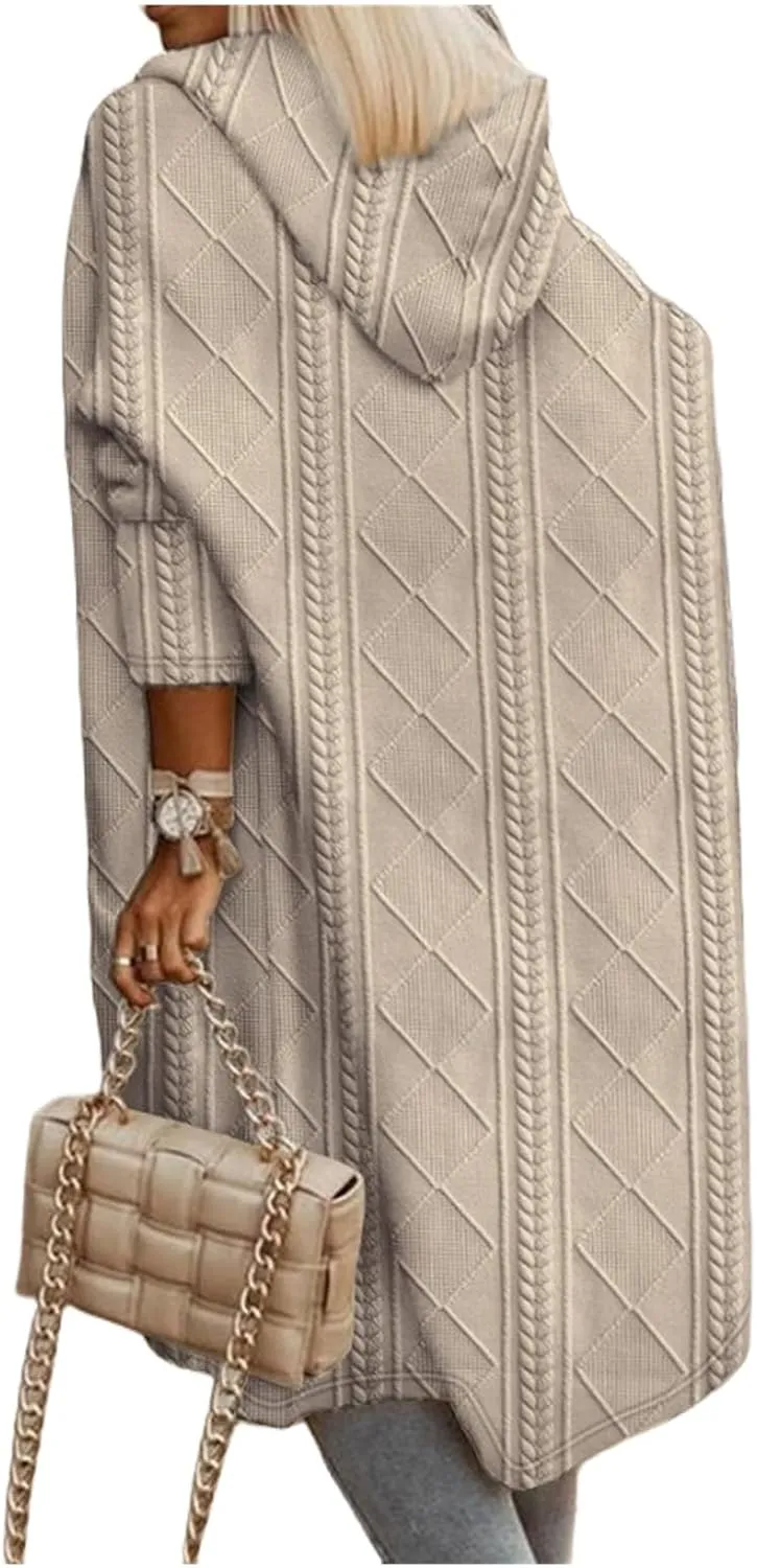Women's Long Cardigan Sweaters 2023 Fall Winter Oversized Cable Knit Hooded Sweater Coats Casual Loose Trench Coats