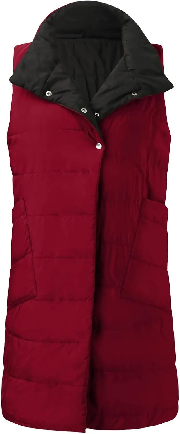 Women's Long Down Coat Vest Fashion Sleeveless Double Sided Puffer Jacket Fashion Slim Button Outtwear Winter Coats