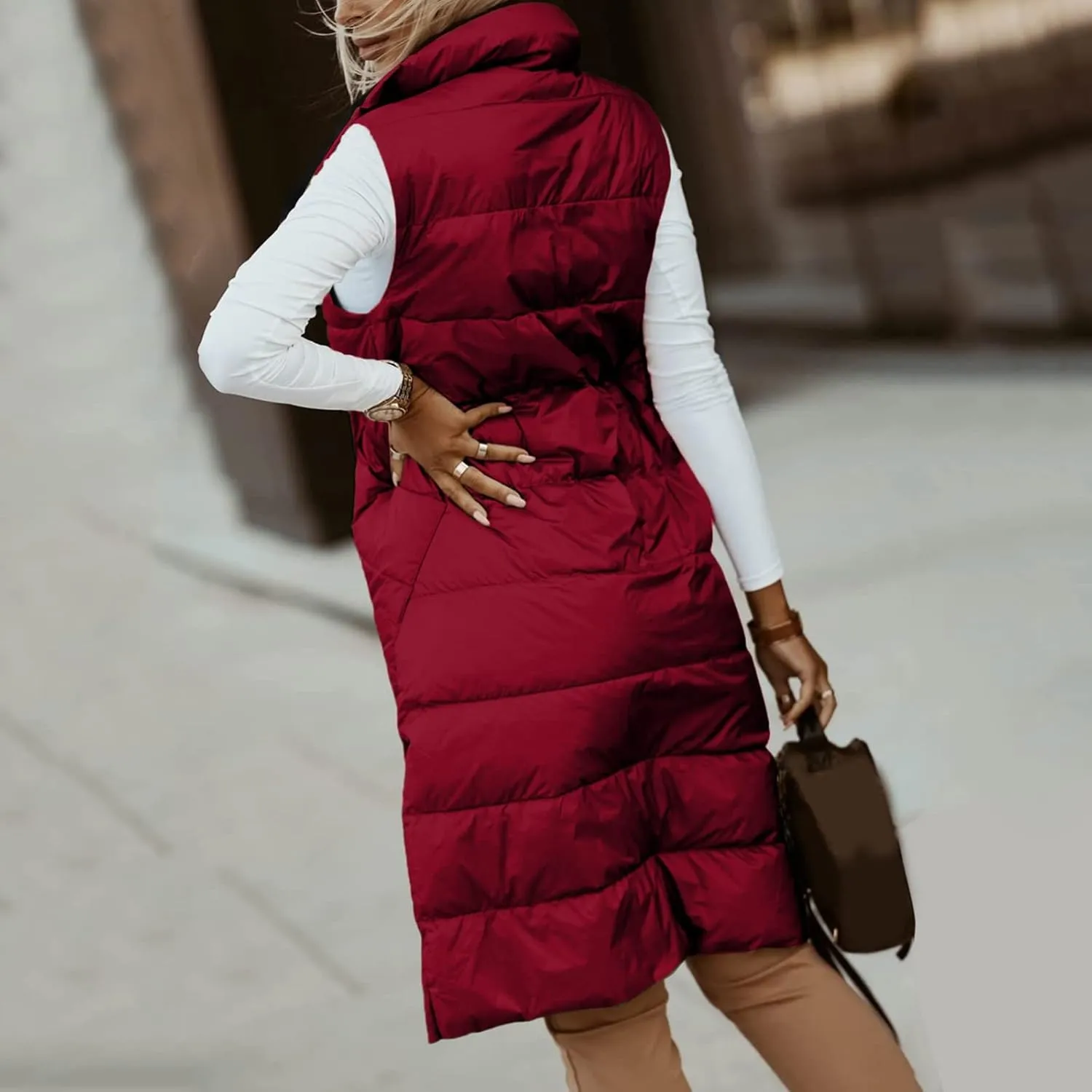 Women's Long Down Coat Vest Fashion Sleeveless Double Sided Puffer Jacket Fashion Slim Button Outtwear Winter Coats