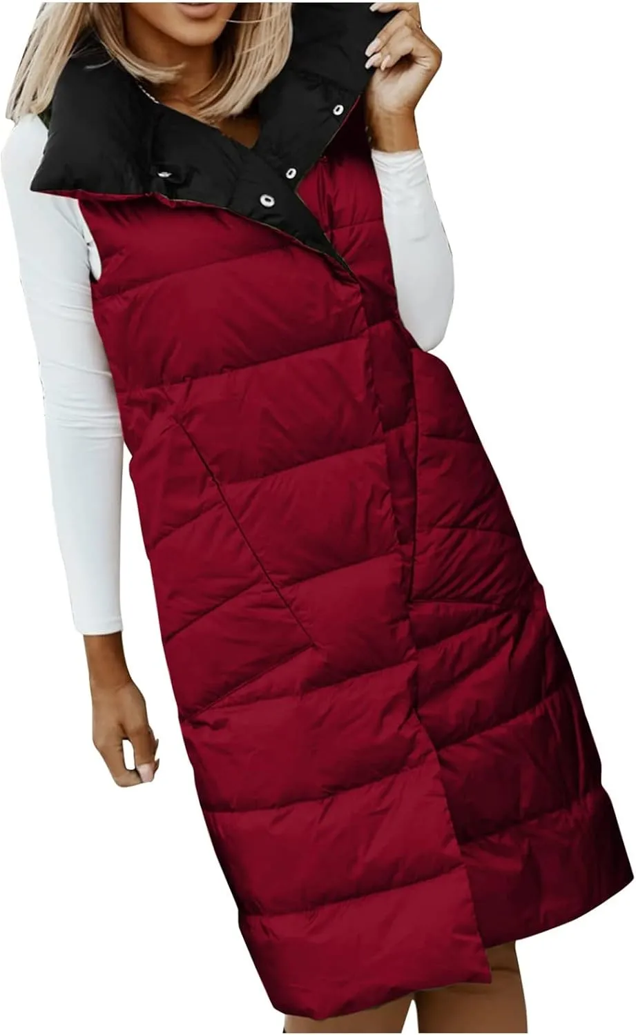 Women's Long Down Coat Vest Fashion Sleeveless Double Sided Puffer Jacket Fashion Slim Button Outtwear Winter Coats