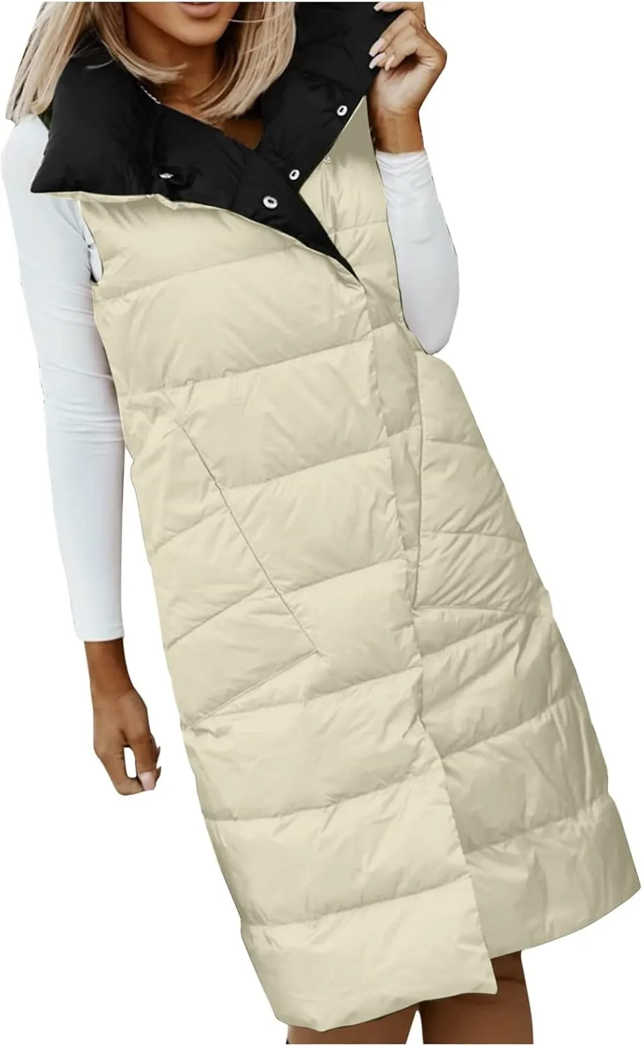 Women's Long Down Coat Vest Fashion Sleeveless Double Sided Puffer Jacket Fashion Slim Button Outtwear Winter Coats