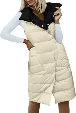 Women's Long Down Coat Vest Fashion Sleeveless Double Sided Puffer Jacket Fashion Slim Button Outtwear Winter Coats