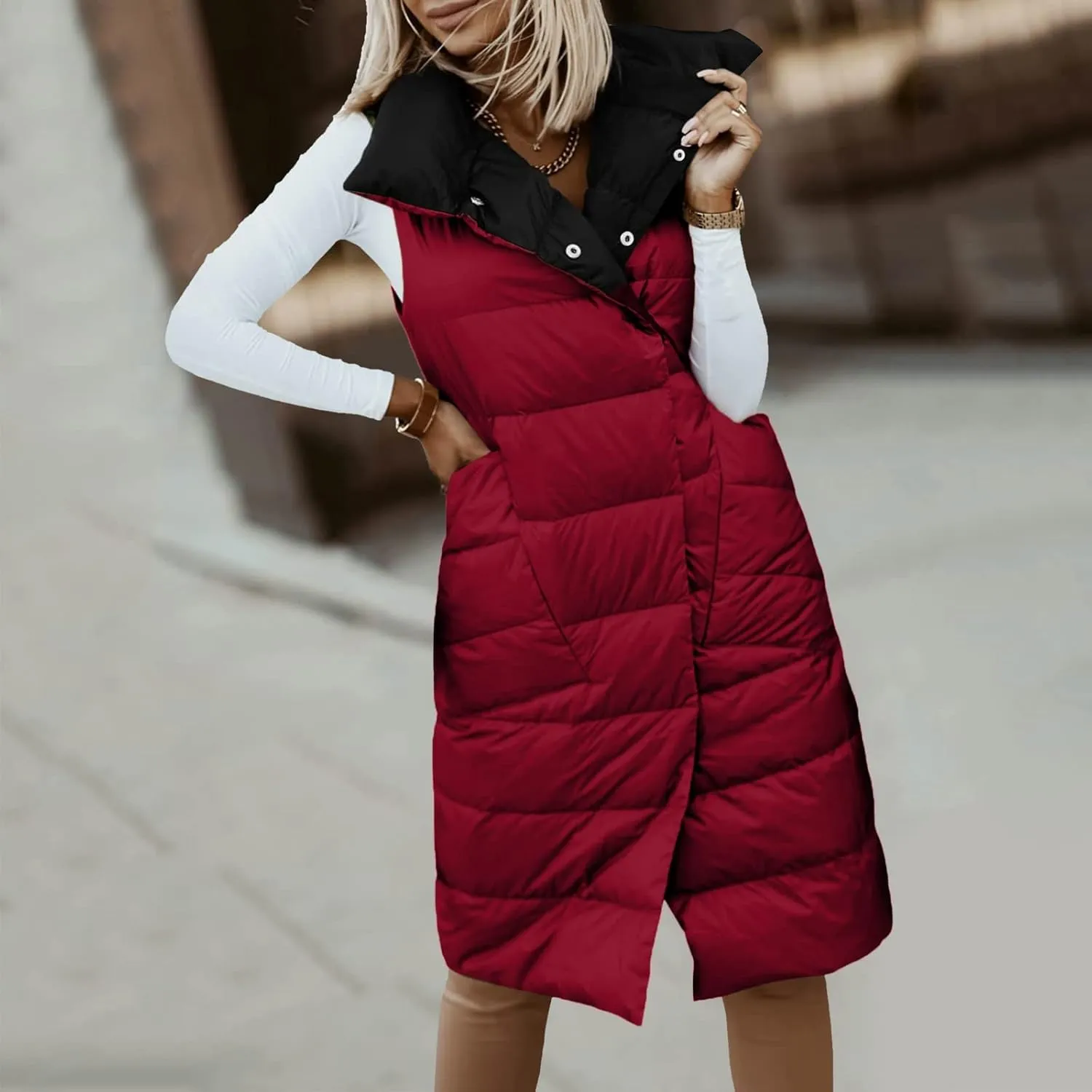 Women's Long Down Coat Vest Fashion Sleeveless Double Sided Puffer Jacket Fashion Slim Button Outtwear Winter Coats