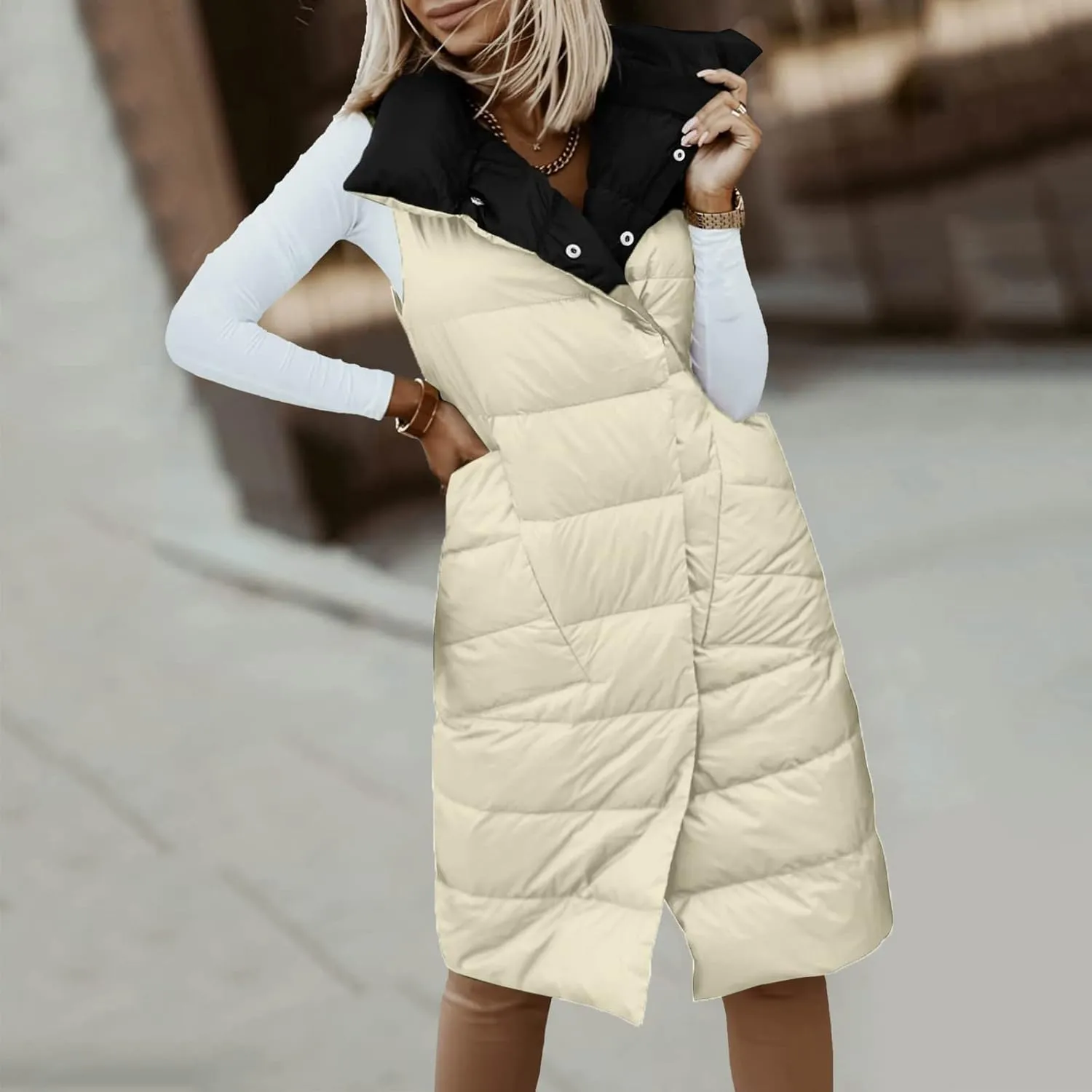 Women's Long Down Coat Vest Fashion Sleeveless Double Sided Puffer Jacket Fashion Slim Button Outtwear Winter Coats