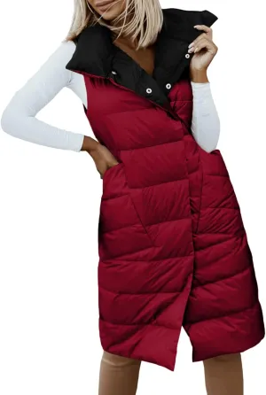 Women's Long Down Coat Vest Fashion Sleeveless Double Sided Puffer Jacket Fashion Slim Button Outtwear Winter Coats