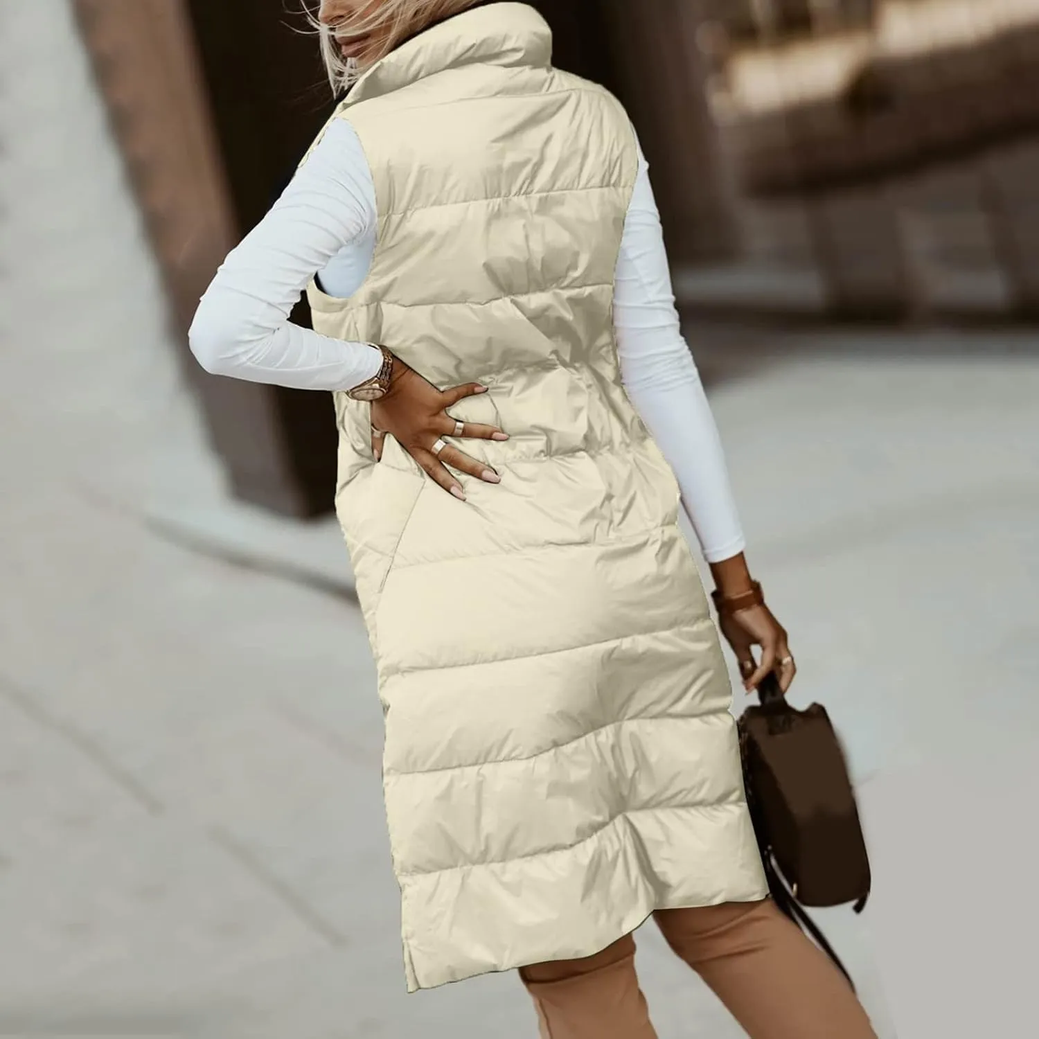 Women's Long Down Coat Vest Fashion Sleeveless Double Sided Puffer Jacket Fashion Slim Button Outtwear Winter Coats