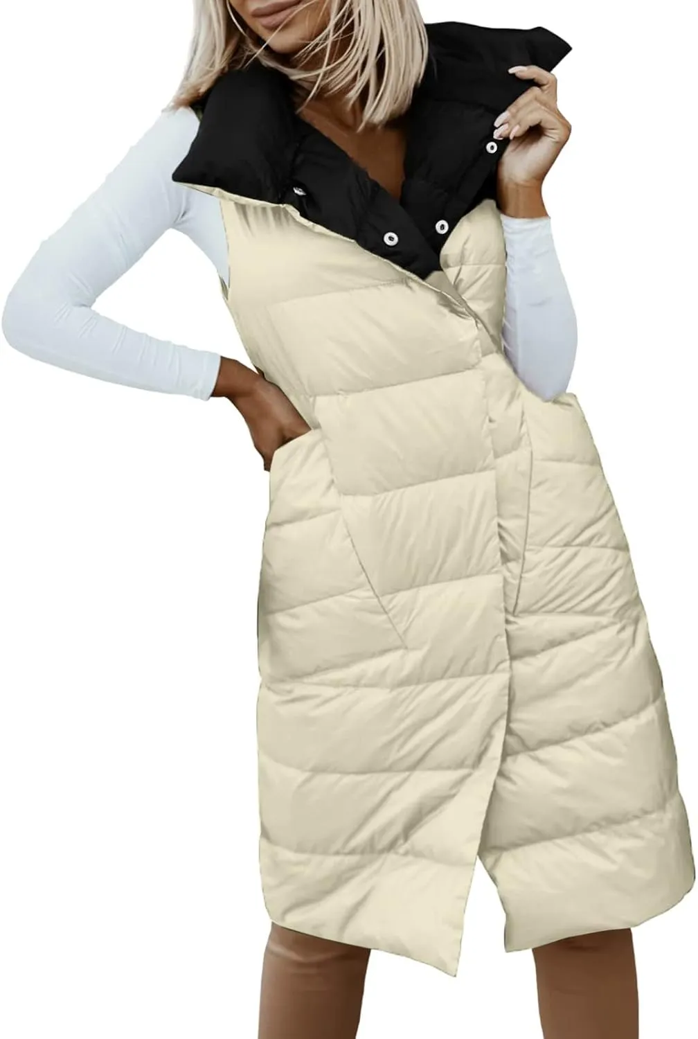 Women's Long Down Coat Vest Fashion Sleeveless Double Sided Puffer Jacket Fashion Slim Button Outtwear Winter Coats
