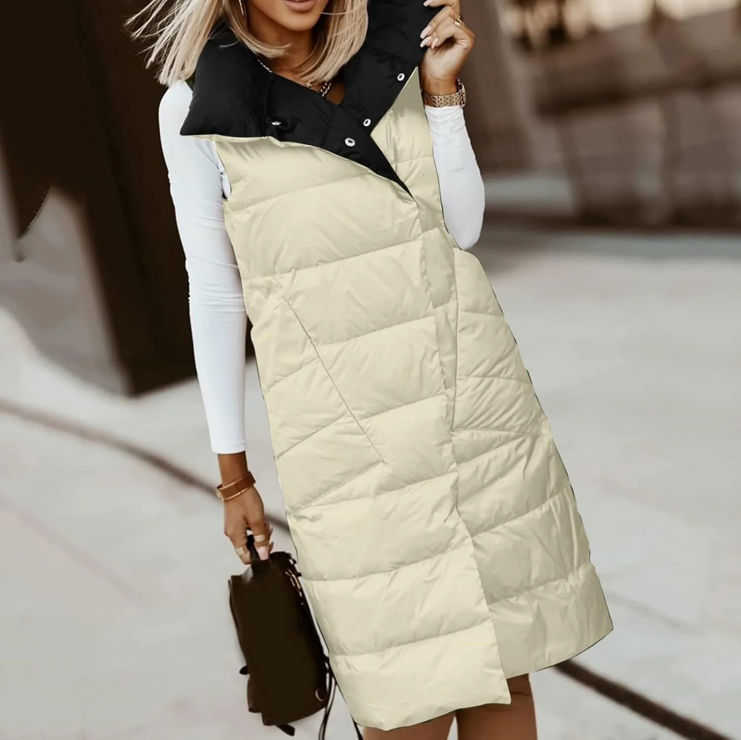 Women's Long Down Coat Vest Fashion Sleeveless Double Sided Puffer Jacket Fashion Slim Button Outtwear Winter Coats