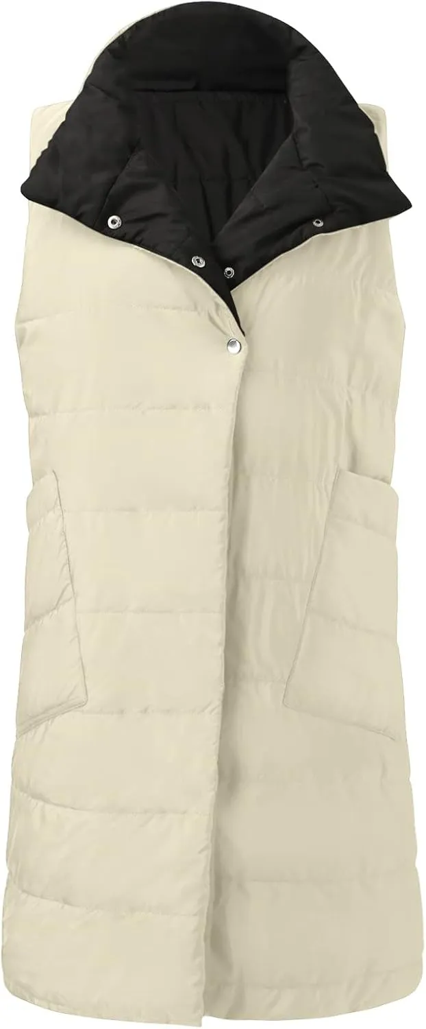 Women's Long Down Coat Vest Fashion Sleeveless Double Sided Puffer Jacket Fashion Slim Button Outtwear Winter Coats