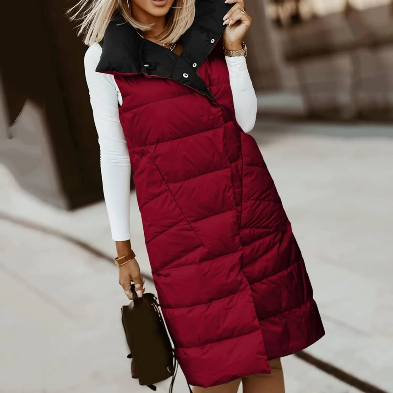 Women's Long Down Coat Vest Fashion Sleeveless Double Sided Puffer Jacket Fashion Slim Button Outtwear Winter Coats