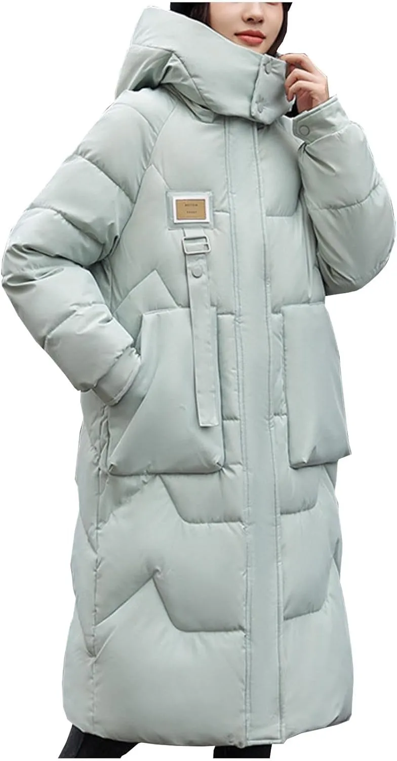 Women's Long Down Jacket Thickened Hooded Puffer Jackets Trendy Casual Windproof Padded Coat Winter Outerwear