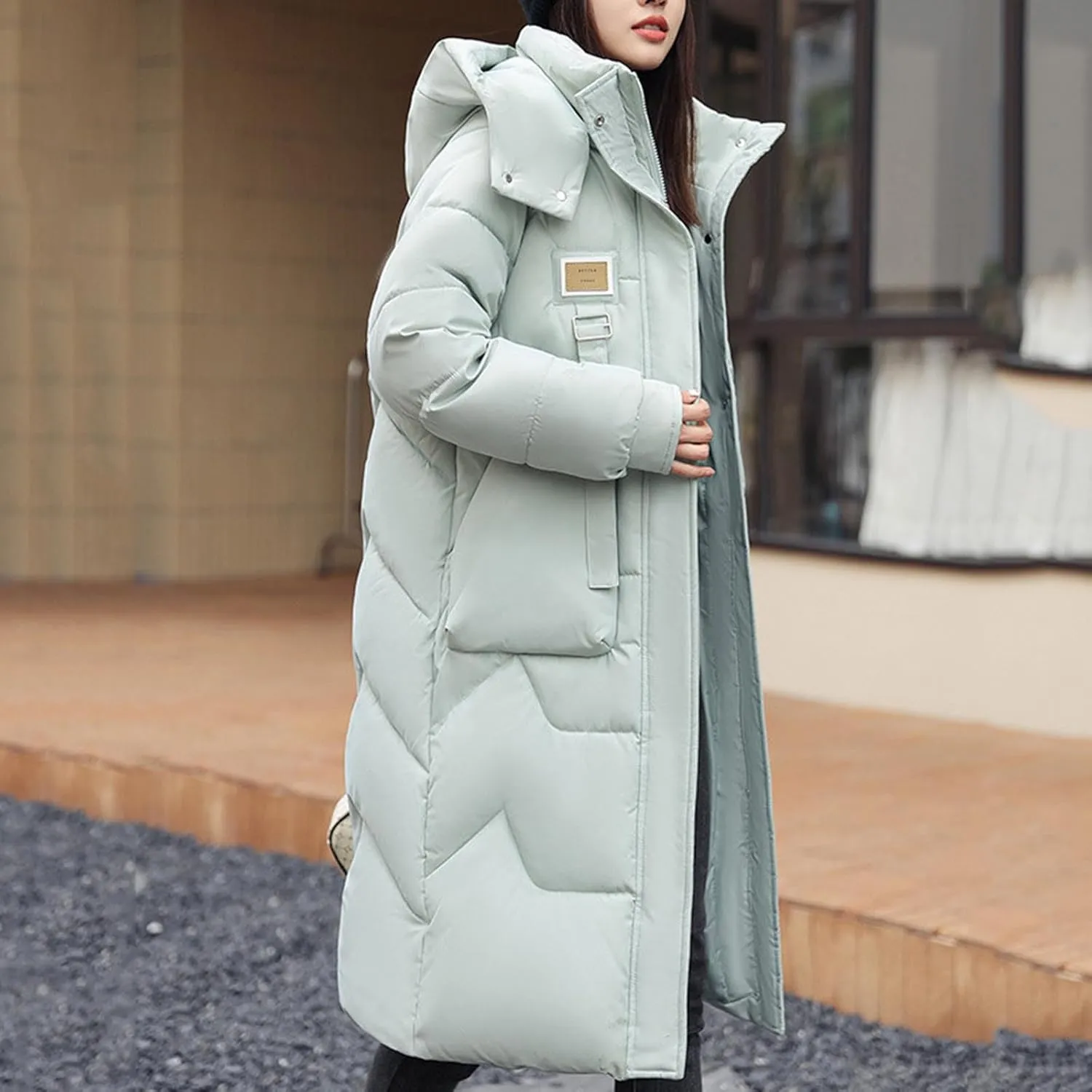 Women's Long Down Jacket Thickened Hooded Puffer Jackets Trendy Casual Windproof Padded Coat Winter Outerwear