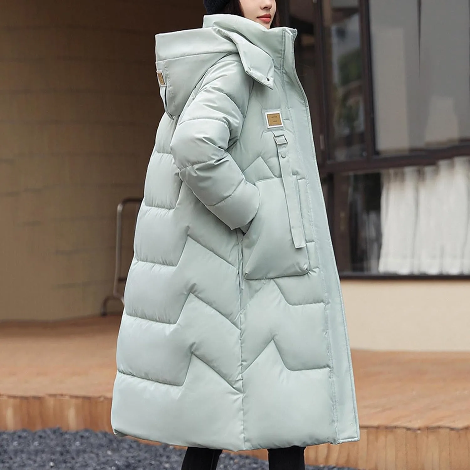 Women's Long Down Jacket Thickened Hooded Puffer Jackets Trendy Casual Windproof Padded Coat Winter Outerwear