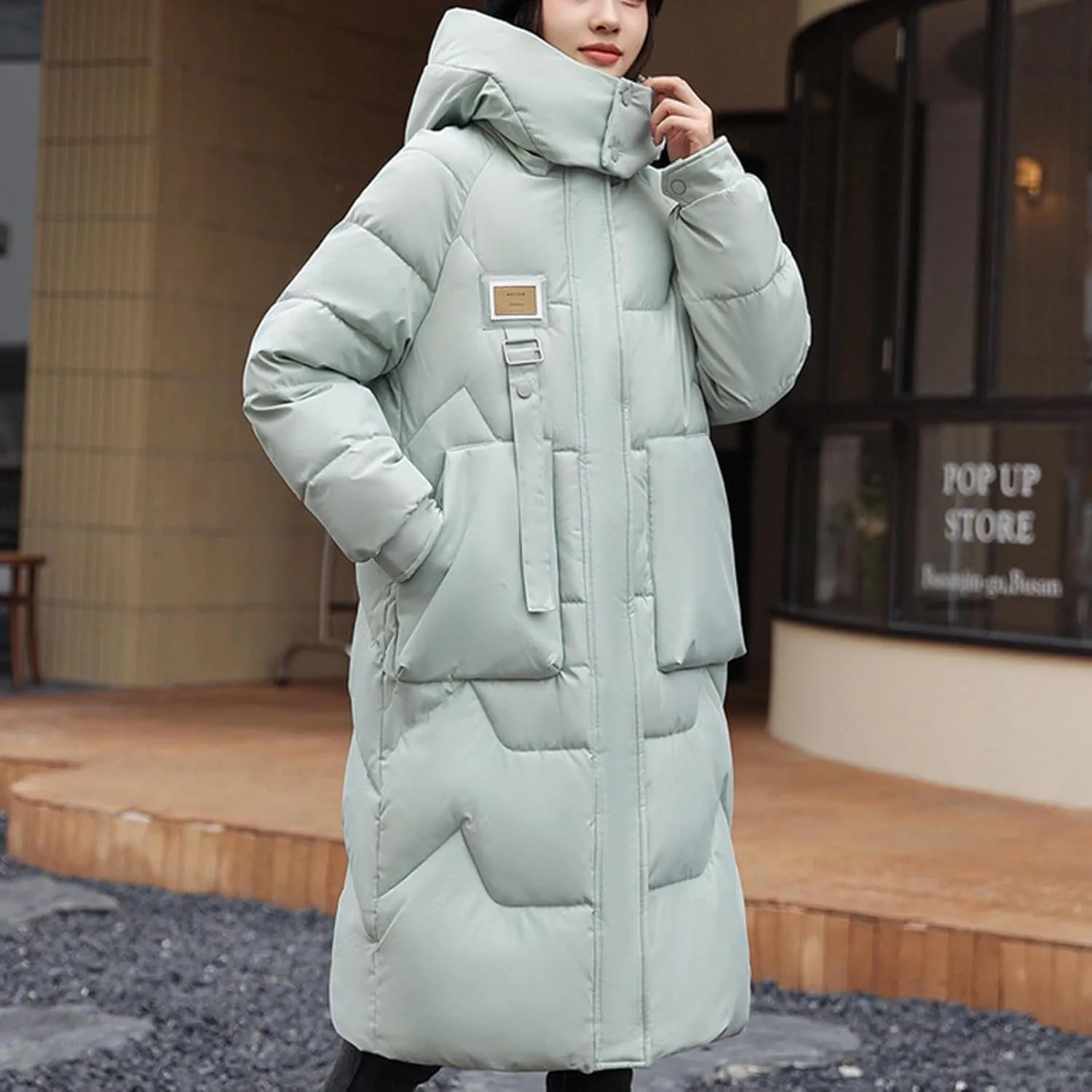 Women's Long Down Jacket Thickened Hooded Puffer Jackets Trendy Casual Windproof Padded Coat Winter Outerwear