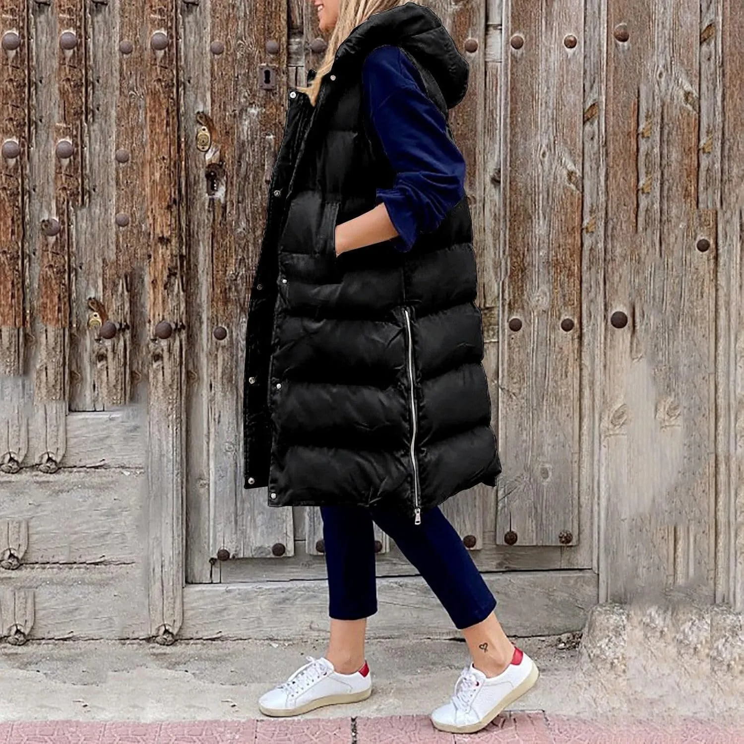 Women's Long Down Vest Zipper Puffer Vest Fashion Sleeveless Coats Jacket with Hood