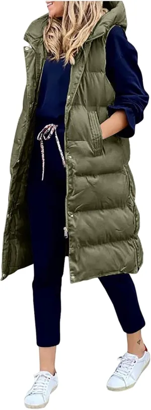 Women's Long Down Vest Zipper Puffer Vest Fashion Sleeveless Coats Jacket with Hood