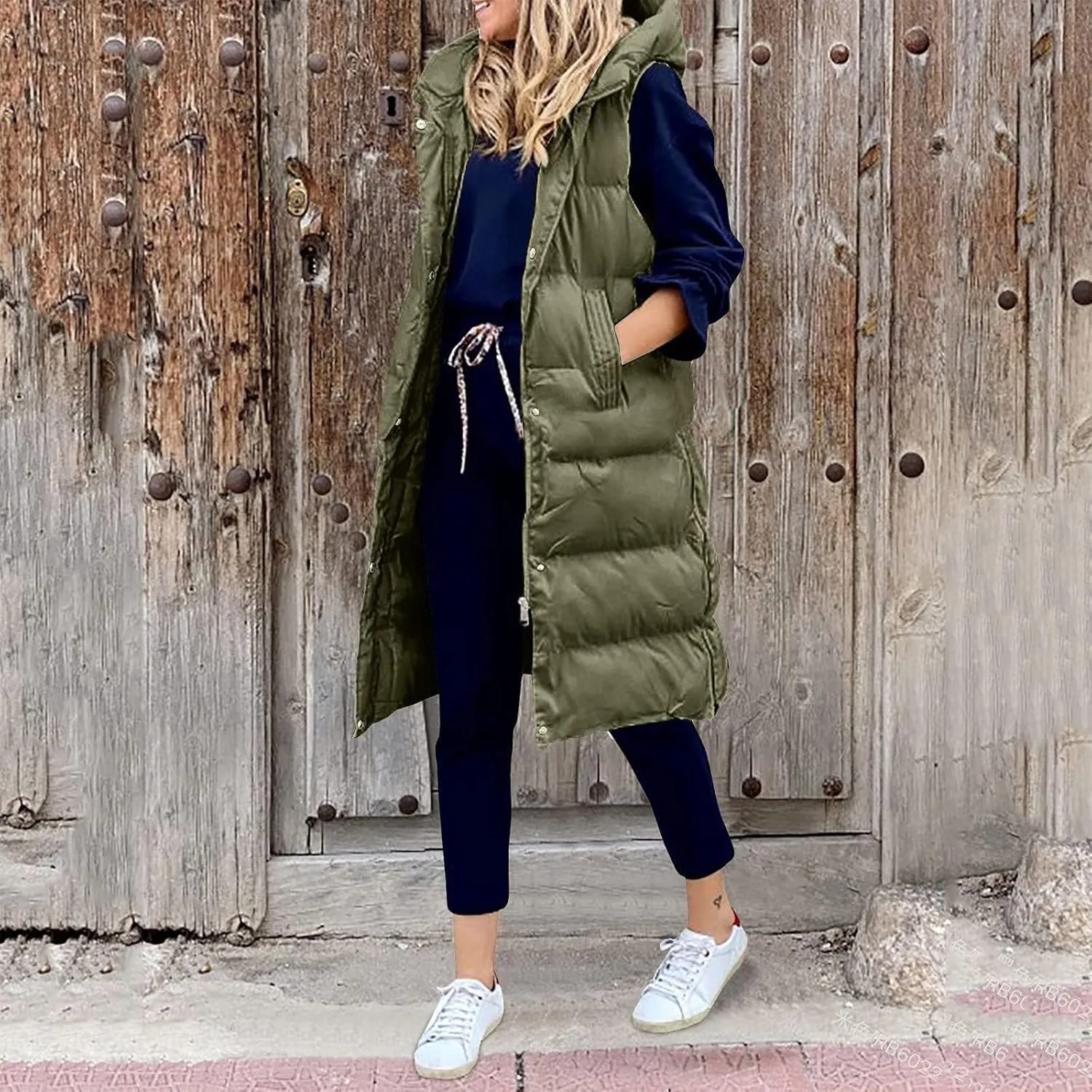 Women's Long Down Vest Zipper Puffer Vest Fashion Sleeveless Coats Jacket with Hood