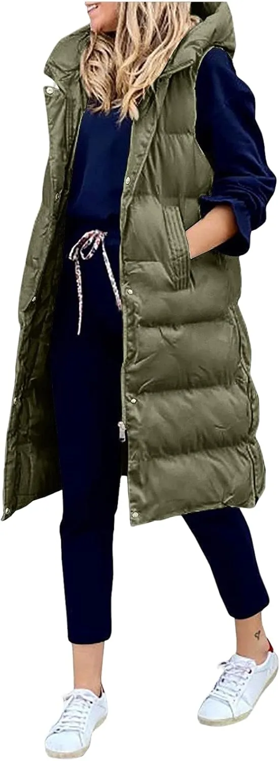 Women's Long Down Vest Zipper Puffer Vest Fashion Sleeveless Coats Jacket with Hood