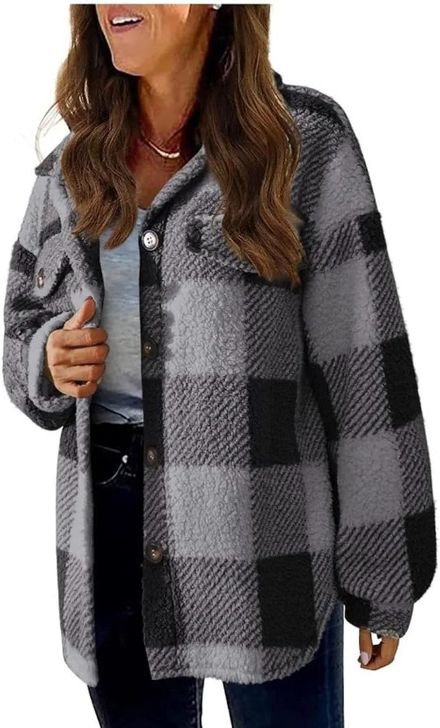 Womens Long Plaid Shacket Jacket Button Down Long Sleeve Lapel Collar Trench Coat Fashion Retro Loose Fit Outerwear