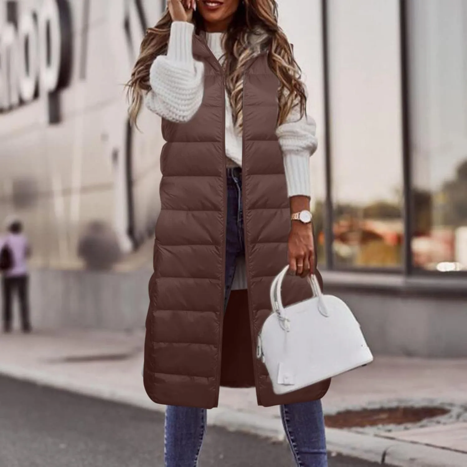 Womens Long Puffer Jacket Vest Lightweight Sleeveless Down Coat Loose Comfy Outing Outwear 2024 Fall Fashion Warm Coats