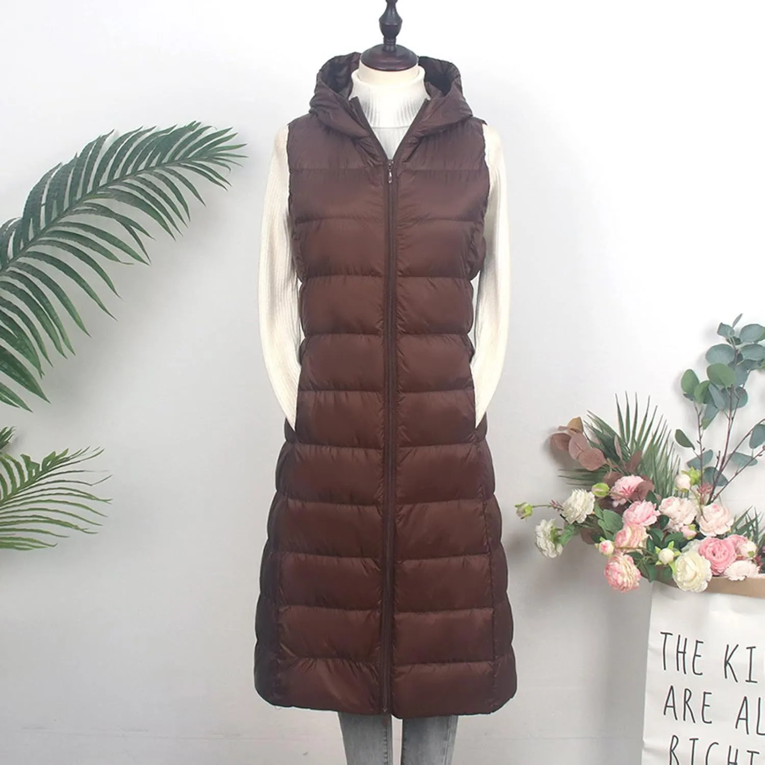 Womens Long Puffer Jacket Vest Lightweight Sleeveless Down Coat Loose Comfy Outing Outwear 2024 Fall Fashion Warm Coats