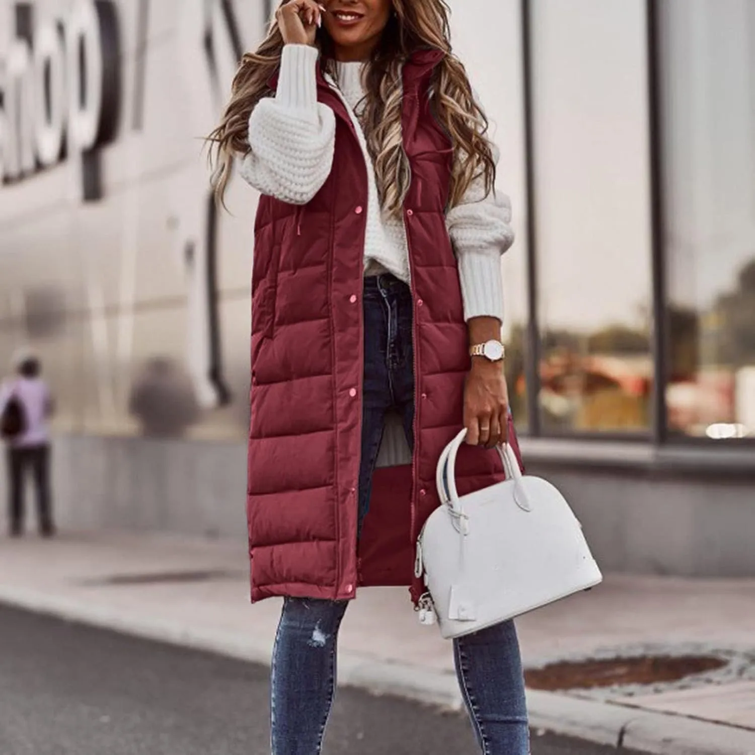Womens Long Puffer Vest Coats Vest Hooded Sleeveless Warm Cotton Coat with Pockets Winter Outerwear Vests with