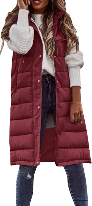 Womens Long Puffer Vest Coats Vest Hooded Sleeveless Warm Cotton Coat with Pockets Winter Outerwear Vests with