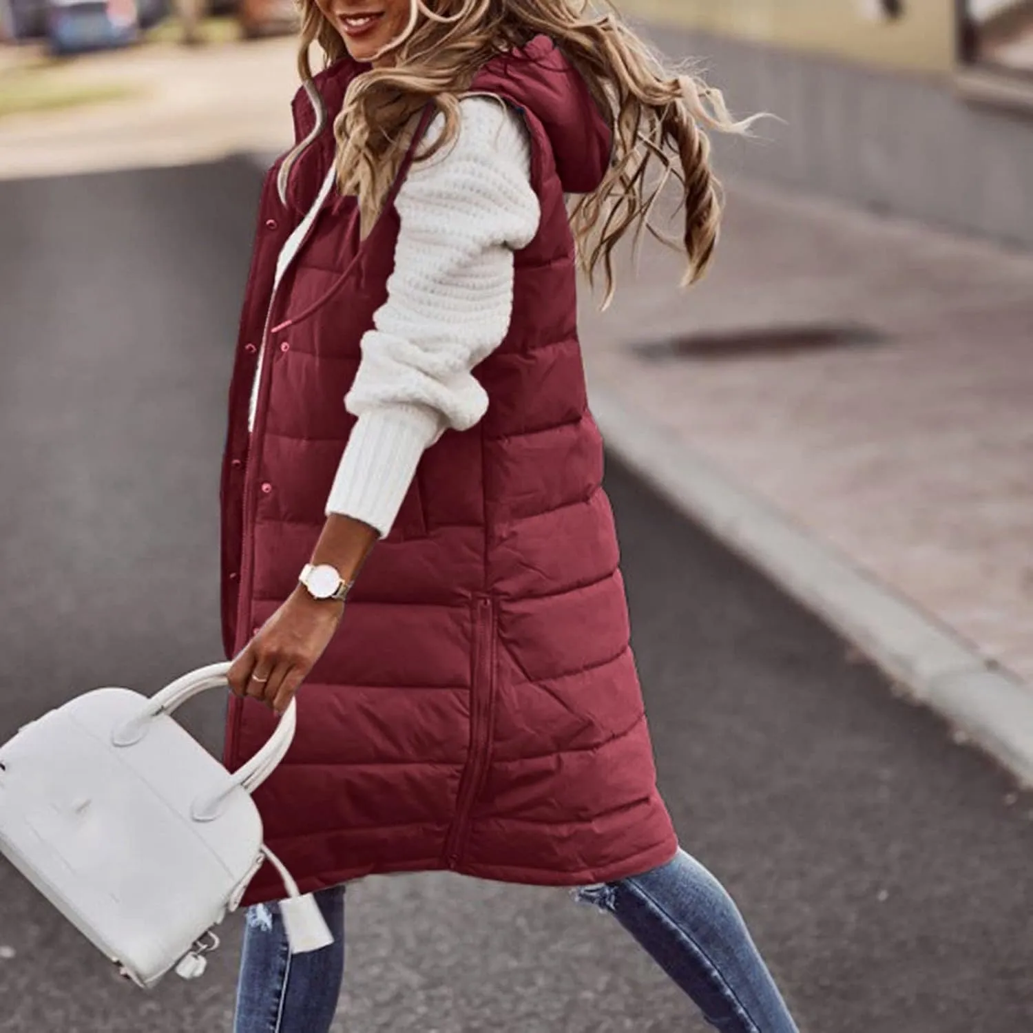 Womens Long Puffer Vest Coats Vest Hooded Sleeveless Warm Cotton Coat with Pockets Winter Outerwear Vests with