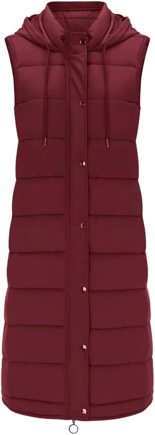 Womens Long Puffer Vest Coats Vest Hooded Sleeveless Warm Cotton Coat with Pockets Winter Outerwear Vests with