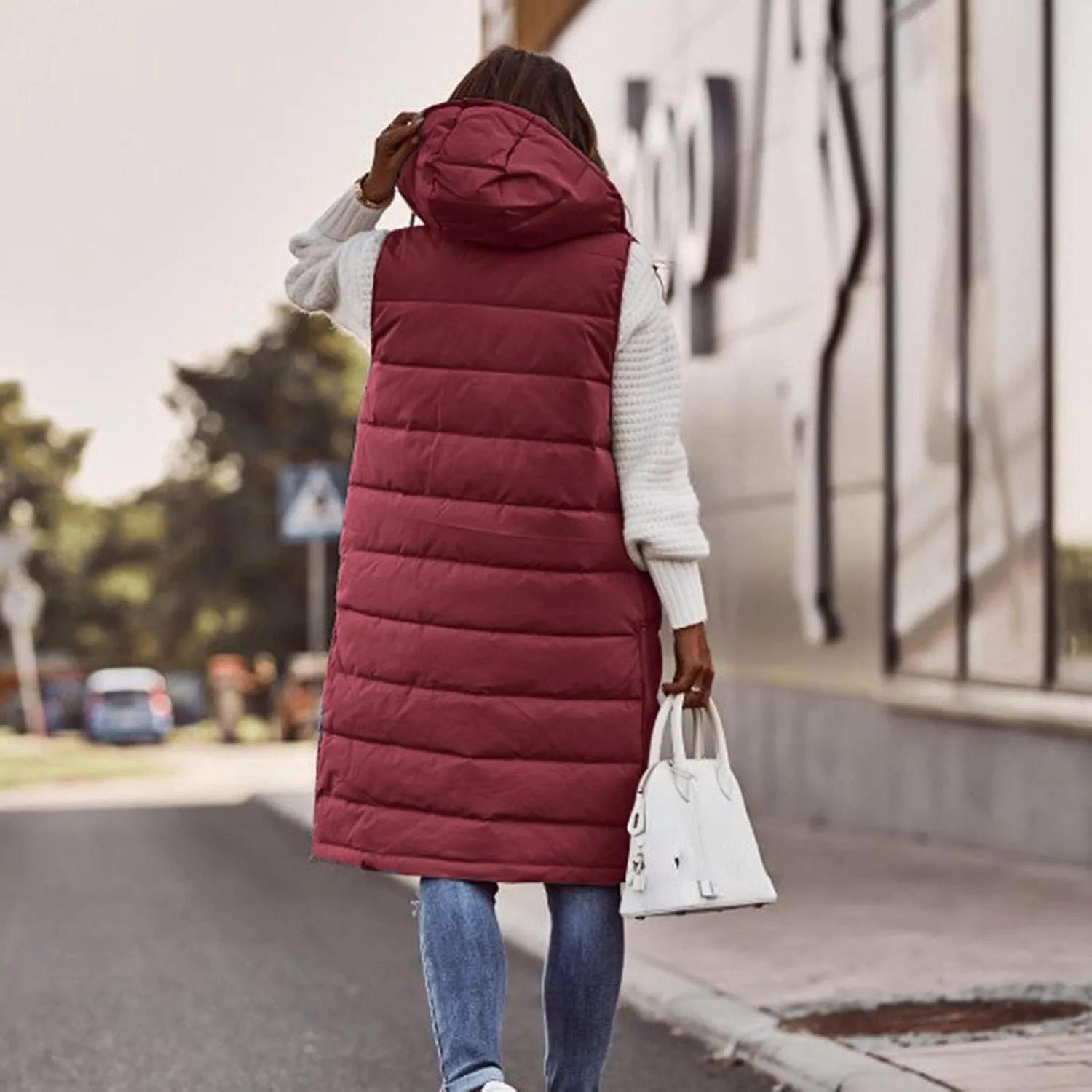 Womens Long Puffer Vest Coats Vest Hooded Sleeveless Warm Cotton Coat with Pockets Winter Outerwear Vests with
