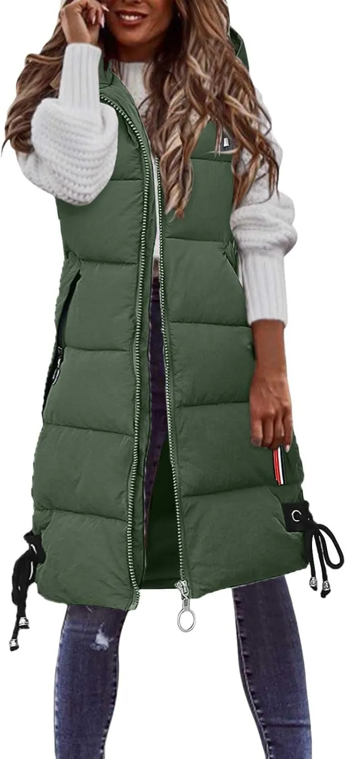 Womens Long Puffer Vest Quilted Hooded Sleeveless Zip Up Down Jacket Winter Warm Lightweight Gilet Coat Outerwear