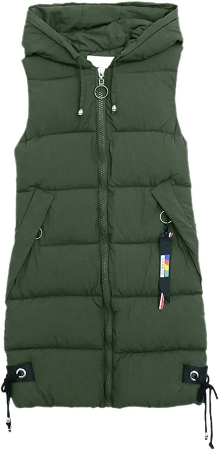 Womens Long Puffer Vest Quilted Hooded Sleeveless Zip Up Down Jacket Winter Warm Lightweight Gilet Coat Outerwear
