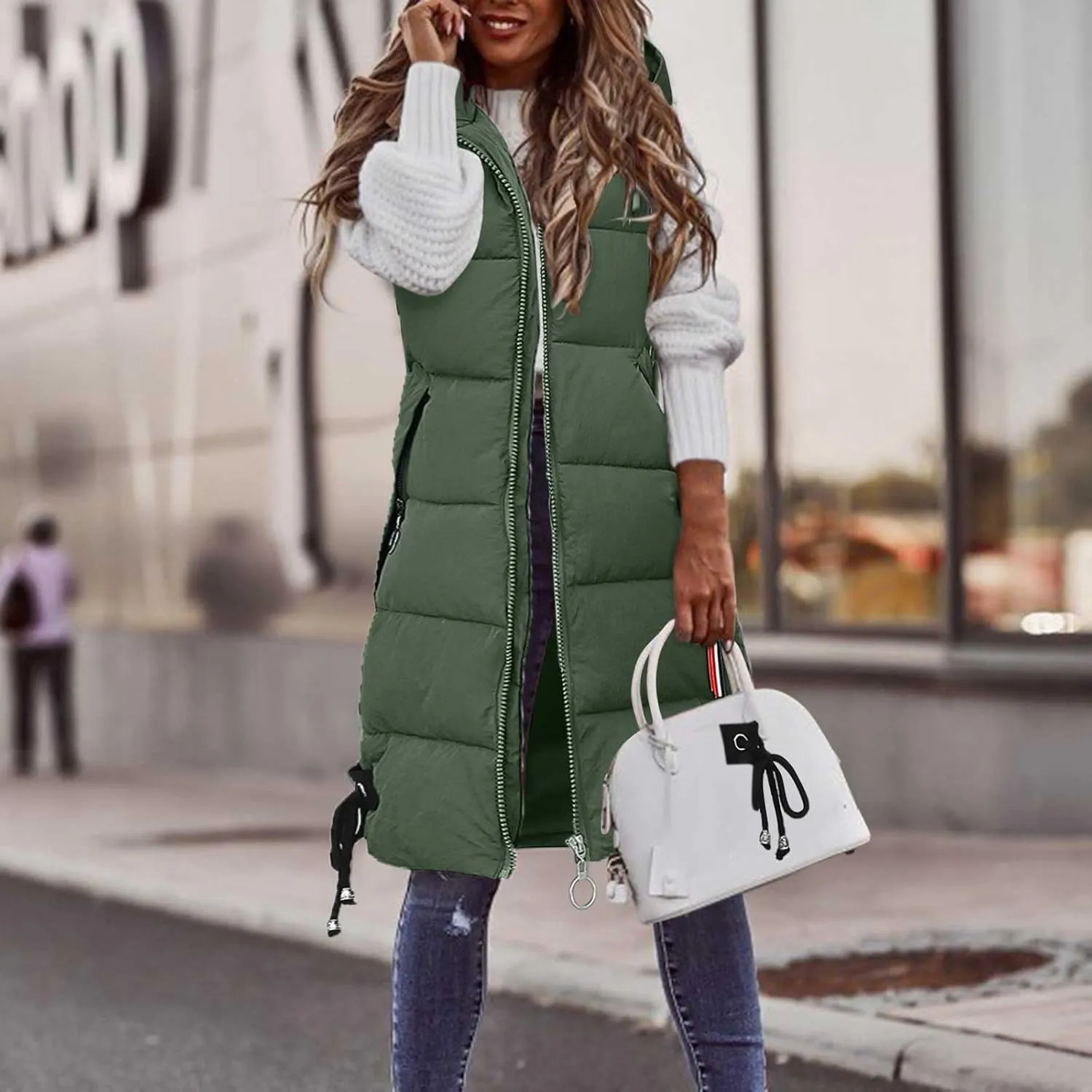 Womens Long Puffer Vest Quilted Hooded Sleeveless Zip Up Down Jacket Winter Warm Lightweight Gilet Coat Outerwear