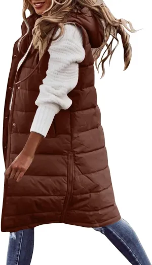Womens Long Puffer Vest Sleeveless Quilted Hooded Down Coat Lightweight Oversized Jackets Fall Winter Warm Outerwear