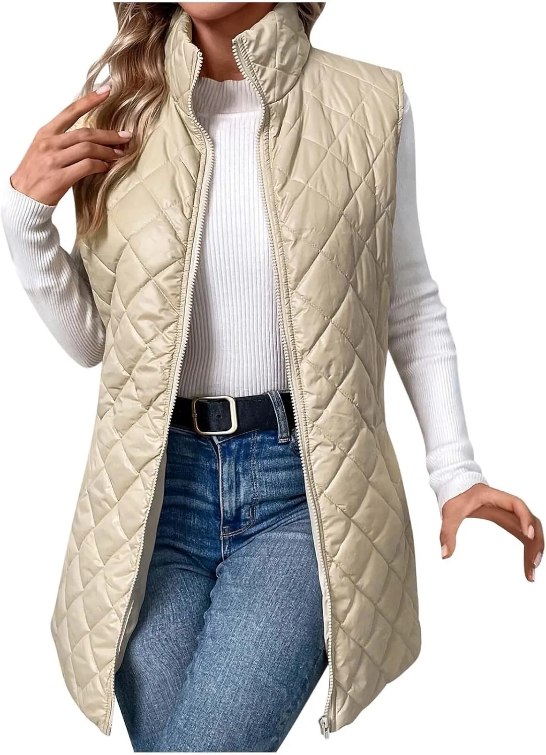 Womens Long Puffer Vest Zip up Stand Collar Padded Gilet Sleeveless Quilted Down Jacket Winter Warm Waistcoat