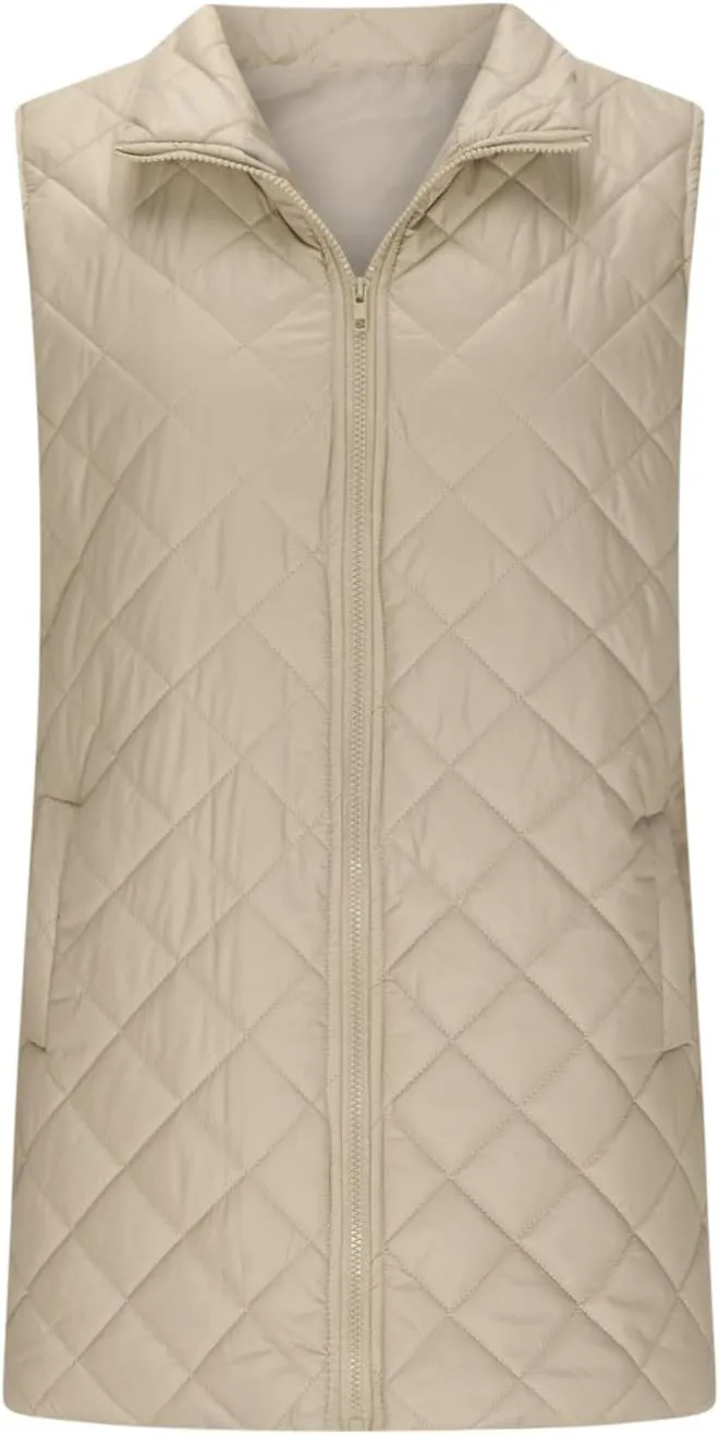 Womens Long Puffer Vest Zip up Stand Collar Padded Gilet Sleeveless Quilted Down Jacket Winter Warm Waistcoat