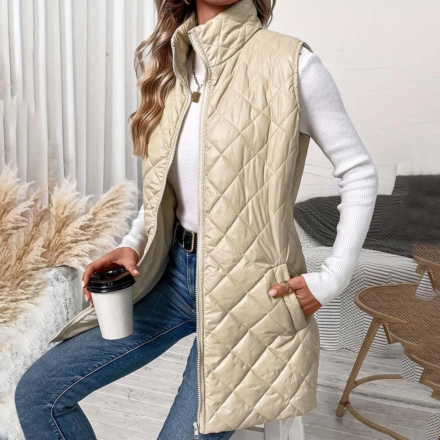 Womens Long Puffer Vest Zip up Stand Collar Padded Gilet Sleeveless Quilted Down Jacket Winter Warm Waistcoat