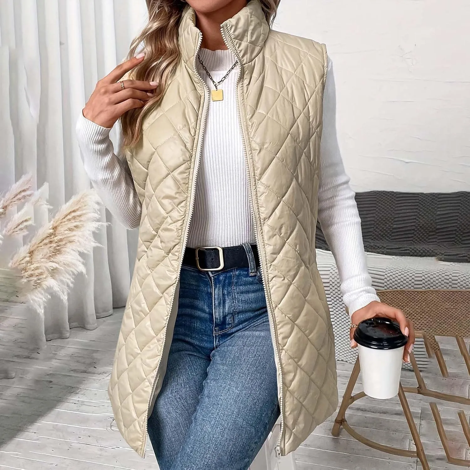 Womens Long Puffer Vest Zip up Stand Collar Padded Gilet Sleeveless Quilted Down Jacket Winter Warm Waistcoat