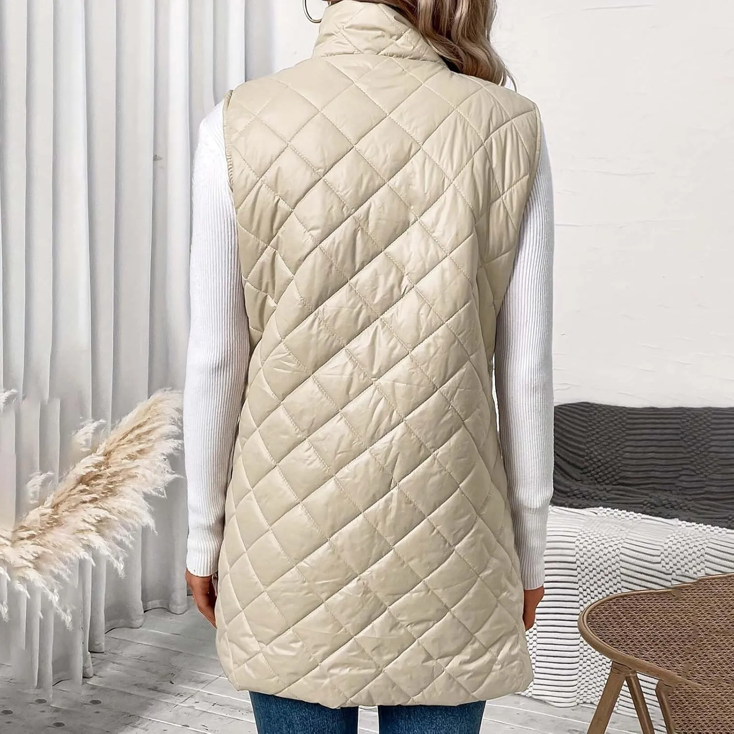 Womens Long Puffer Vest Zip up Stand Collar Padded Gilet Sleeveless Quilted Down Jacket Winter Warm Waistcoat