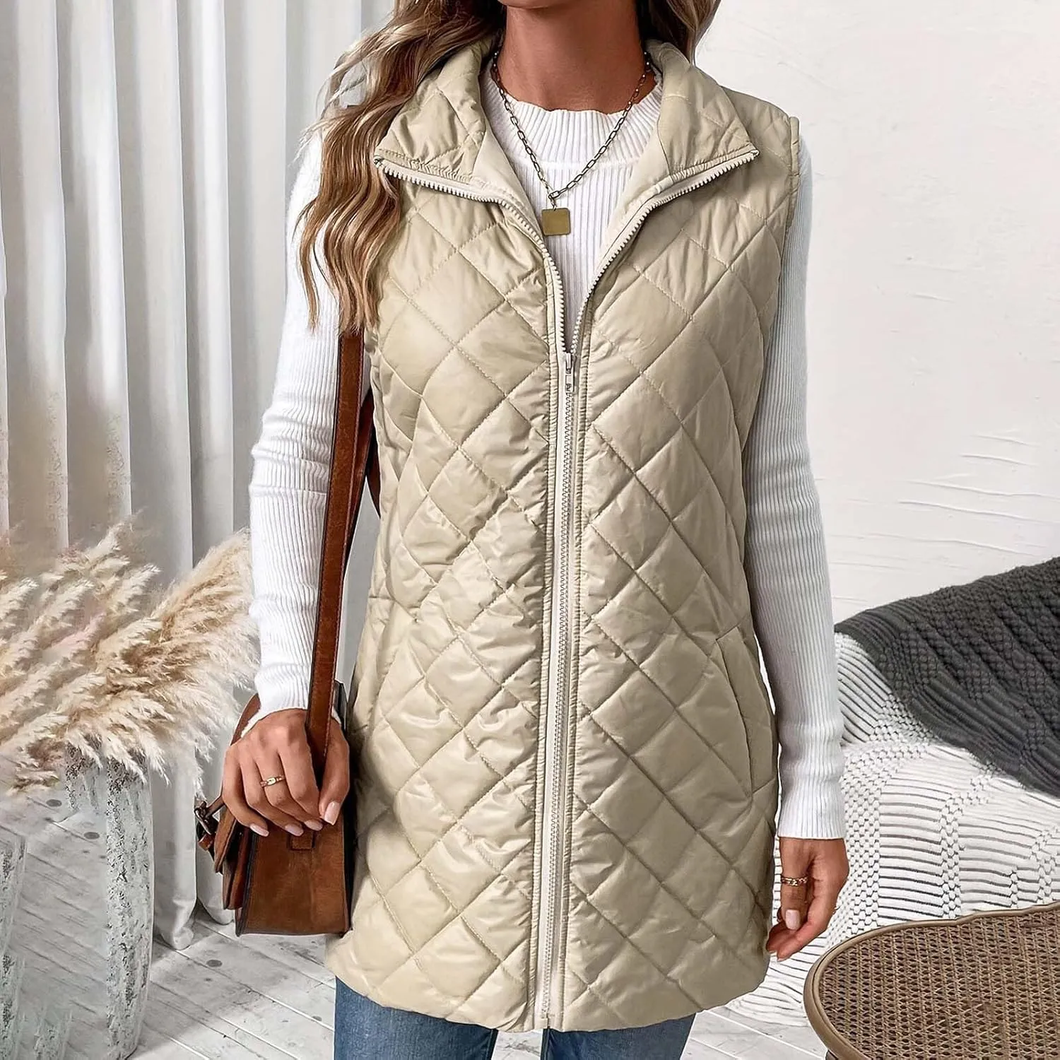 Womens Long Puffer Vest Zip up Stand Collar Padded Gilet Sleeveless Quilted Down Jacket Winter Warm Waistcoat