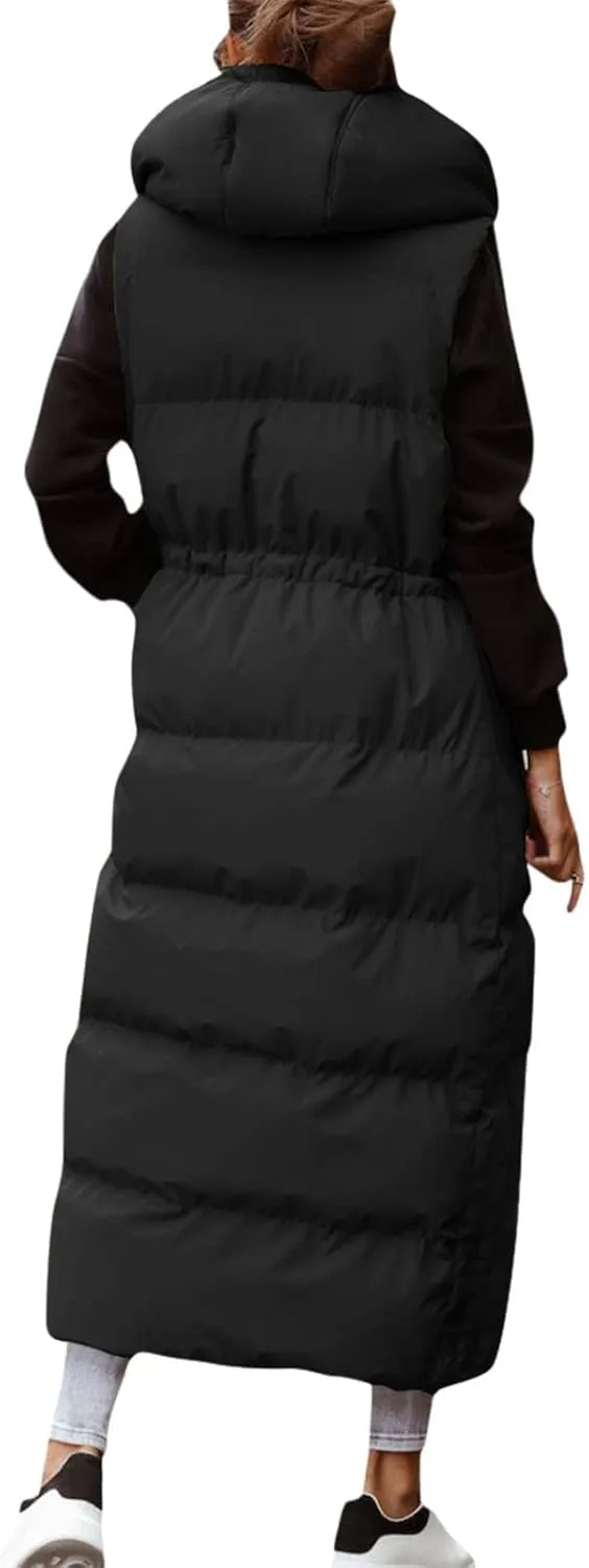 Women's Long Quilted Vest Coat Hooded Maxi Length Sleeveless Puffer Vest Padded Coat Winter Vest Outerwear