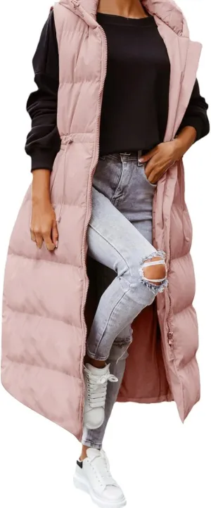 Women's Long Quilted Vest Coat Hooded Maxi Length Sleeveless Puffer Vest Padded Coat Winter Vest Outerwear