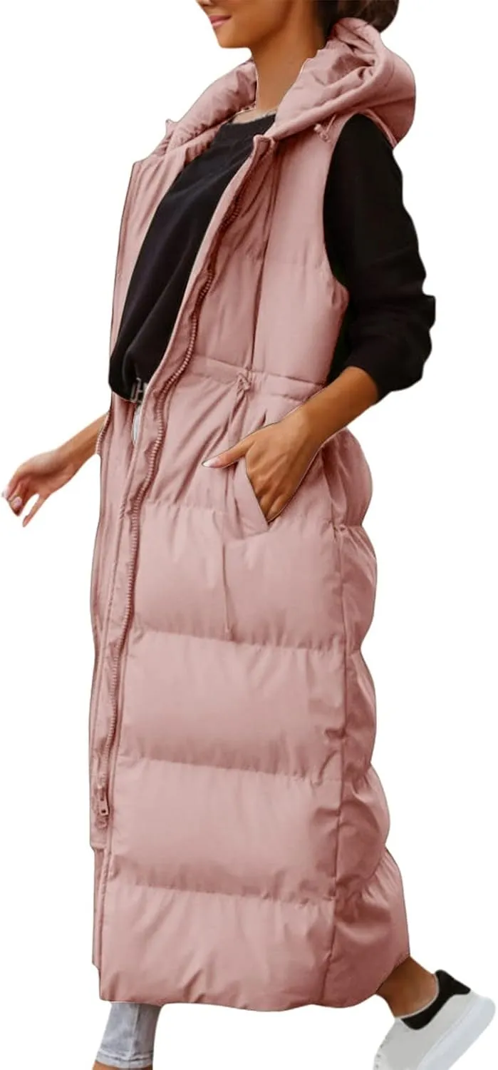 Women's Long Quilted Vest Coat Hooded Maxi Length Sleeveless Puffer Vest Padded Coat Winter Vest Outerwear