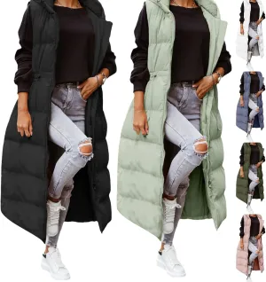 Women's Long Quilted Vest Coat Hooded Maxi Length Sleeveless Puffer Vest Padded Coat Winter Vest Outerwear