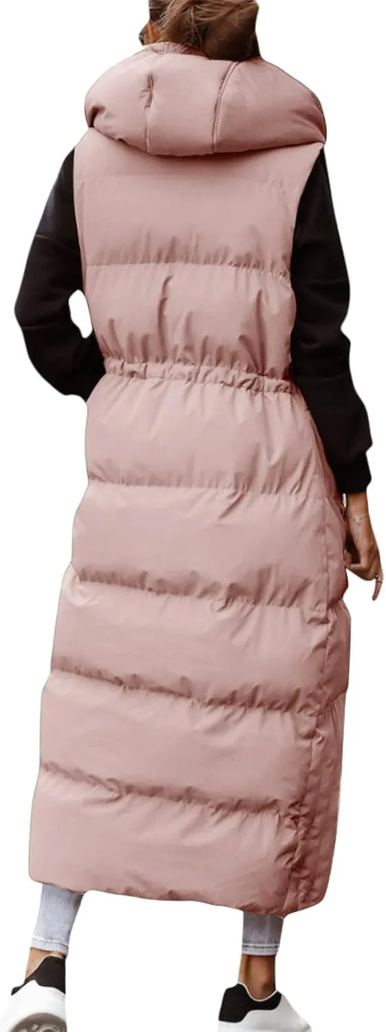 Women's Long Quilted Vest Coat Hooded Maxi Length Sleeveless Puffer Vest Padded Coat Winter Vest Outerwear