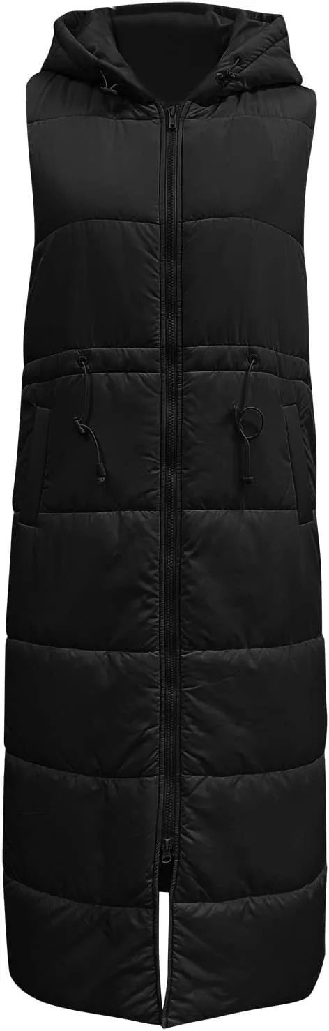 Women's Long Quilted Vest Coat Hooded Maxi Length Sleeveless Puffer Vest Padded Coat Winter Vest Outerwear