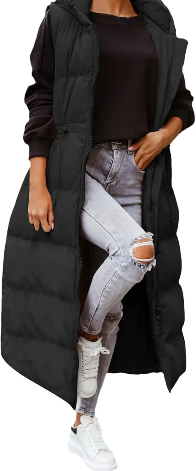 Women's Long Quilted Vest Coat Hooded Maxi Length Sleeveless Puffer Vest Padded Coat Winter Vest Outerwear